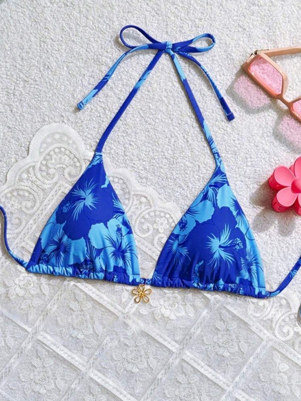 Blue Floral Triangle Bikini Top